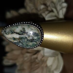Moss Agate Ring Size 7¾ Sterling Silver Overlay NEW